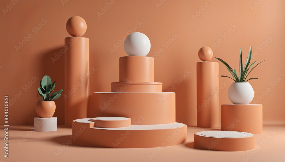 Poster minimalist geometric showcase featuring an abstract arrangement of empty podiums and assorted shapes