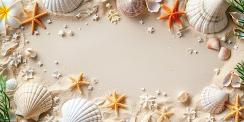 Light background with seashells, starfish, and sand creating a summer holiday theme with copy space in the center