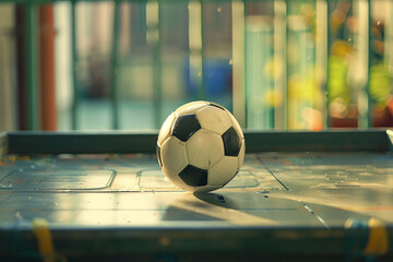 A football on a table with goal net for banner football champion ship generated by AI
