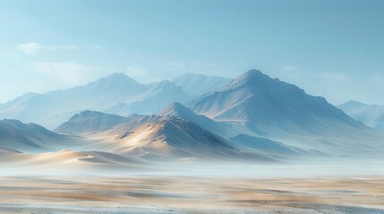   A group of distant mountains with a blue sky in the foreground and sand in the background