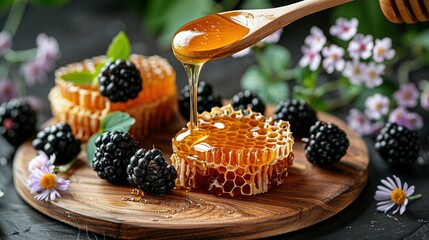  A wooden plate holding honey and blackberries sits beside a honey jar and a wooden spoon filled with honey - Powered by Adobe