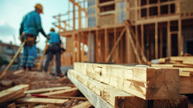 Close-up of builders working on a construction site with wood beams