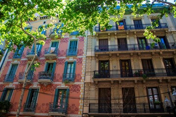 facade of old houses in the Barcelona downtown district with trees