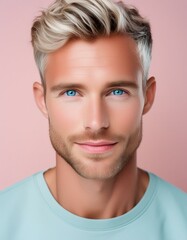 Fototapeta premium White blonde man with vibrant clear skin & blue eyes for a beauty campaign, face care, facial treatment, cosmetology, beauty and spa; portrait; high quality studio shot