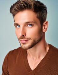 Obraz premium White brunette man with vibrant clear skin for a beauty campaign, face care, facial treatment, cosmetology, beauty and spa; portrait; high quality studio shot