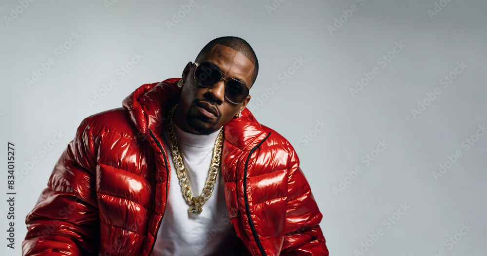 Sticker rapper with red puffy jacket, white t-shirt, sunglasses and bling necklace. hip hop artist on light 