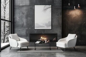 Black and white living room interior with two armchairs, coffee table near fireplace on gray wall mockup poster frame. Minimalist home design concept
