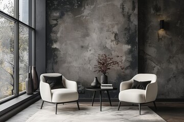 Black and white living room interior with two armchairs, coffee table near fireplace on gray wall mockup poster frame. Minimalist home design concept