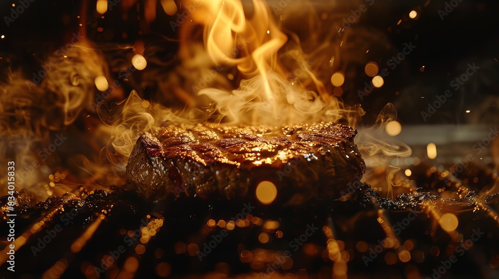 Wall mural sizzling steak grills over a metallic surface, enveloped by flames. a culinary delight against a dar - Wall murals