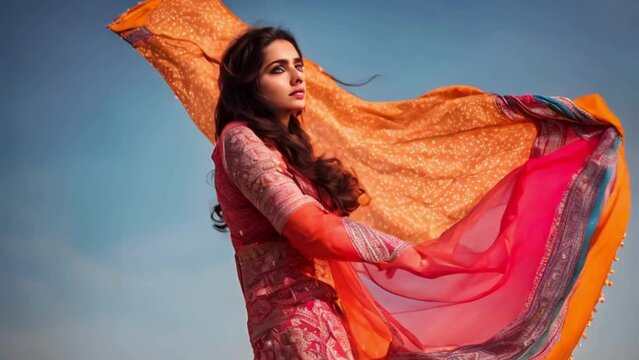The vibrant dupatta fluttered swiftly against the backdrop of the azure sky