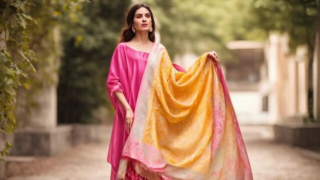 With an elegant flair, the silk dupatta glides through the air, exuding gracefulness