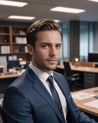 Fototapeta premium High-Quality Portrait of a Professional Man in a Modern Office Environment, Captured with a Focus on Filmic Bokeh and Lighting, Showcasing Corporate Attire and Serious Expression