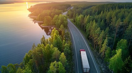 Fototapeta premium Aerial view of a semi-truck on a road curve by a lake and pine forest. 