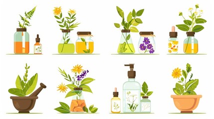 Herbal elixirs in bottles with aromatic herbs and flowers.
