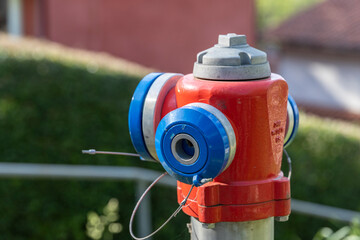 A vibrant red and blue fire hydrant stands proudly next to a rustic fence, showcasing a striking...
