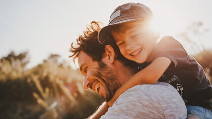 Father, bonding kiss and boy child hug happy in nature with quality time together outdoor