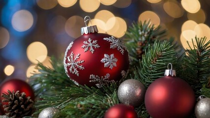 Christmas balls on a Christmas tree with bokeh background