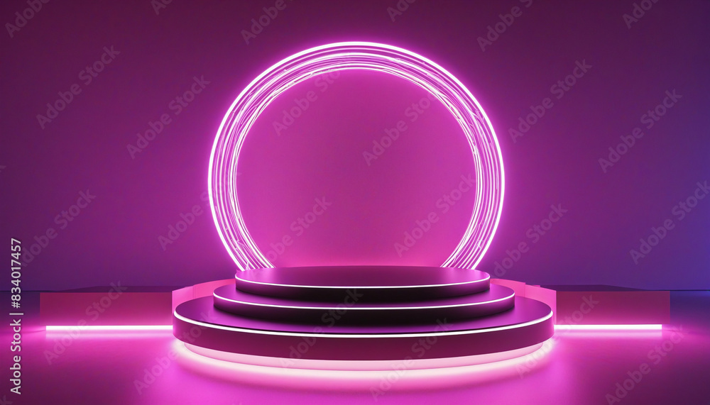 Poster futuristic three-dimensional neon stage with an empty pedestal in an abstract geometric scene