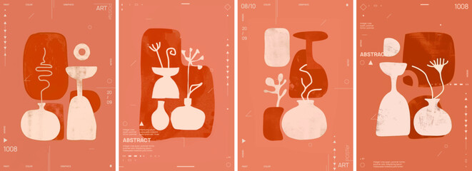 A set of four minimalistic abstract organic shapes, watercolor illustrations with boho vases, plants and leaves. Vector posters with muted colors in terracotta, beige and brown earth tones.