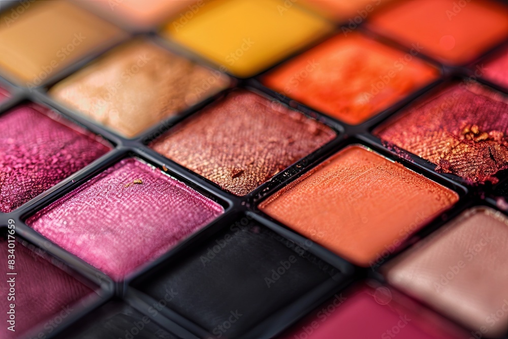 Poster close-up of a colorful palette of eyeshades with rich hues and visible texture. generative ai
