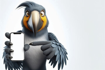 Anthropomorphic cute parrot pointing with finger on blank smartphone screen and standing isolated on white background, creative mobile phone mockup with copy space for text
