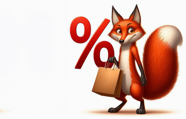 Illustration of red fox character holding shopping bag with percent sign and standing isolated on white background. Ideal for shop advertising or e-commerce, copy space for text.