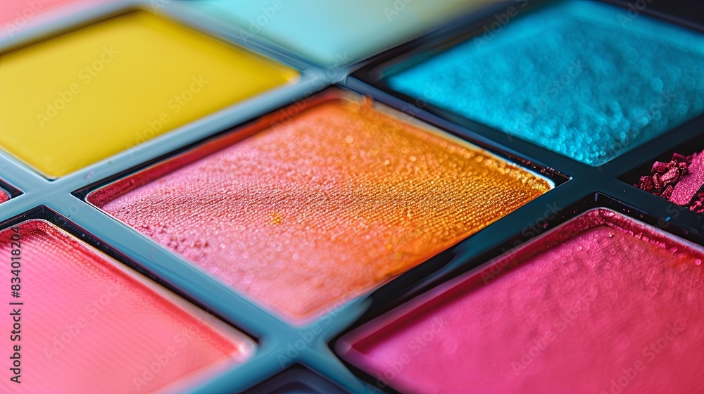 Poster detailed close up of a vibrant multi colored eyeshadow palette with rich hues and visible texture. g