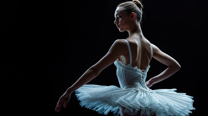 Fototapeta premium ballerina in white tutu on dark stage