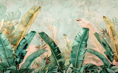 3d classic wallpaper. green branches tree leaves on drawing gray mural background for bedroom decor. AI generated illustration