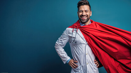 doctor dressed as superhero with red cape