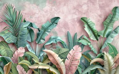 3d classic wallpaper. green branches tree leaves on drawing gray mural background for bedroom decor. AI generated illustration