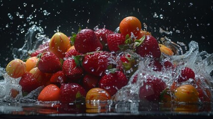 Fresh fruit mix splashing in water.
