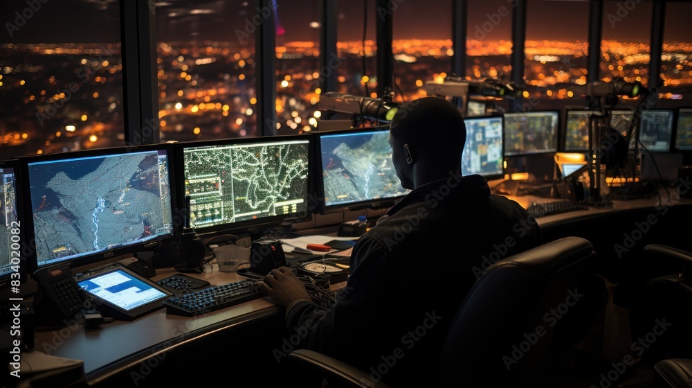 Poster a control room operator attentively monitors multiple screens in a dimly lit environment