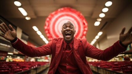 An intriguing image of a person with a blurred face in a supermarket, arms outstretched towards the camera