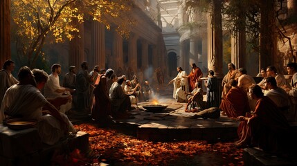 A group of classical philosophers engages in a lively discussion outdoors under a tree with fall foliage
