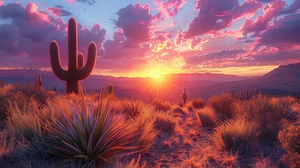   A picturesque sunset over a desert landscape featuring a cactus in the foreground and majestic mountains with cloudy skies in the backdrop