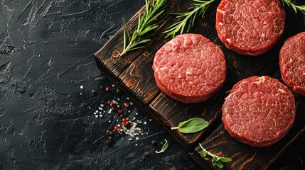 Beef burgers on a wooden board, top view.
