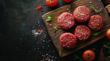 Beef burgers on a wooden board, top view.
