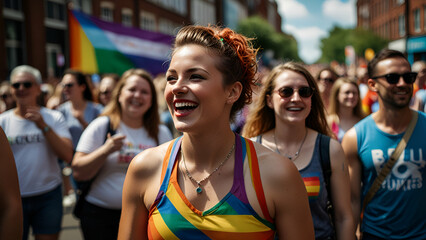  the vibrant celebrations of Birmingham Pride, featuring rainbow flags, joyful parade participants, and enthusiastic crowds filling the streets.