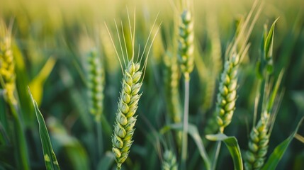 Close-up of young green wheat ears in a spring field.
