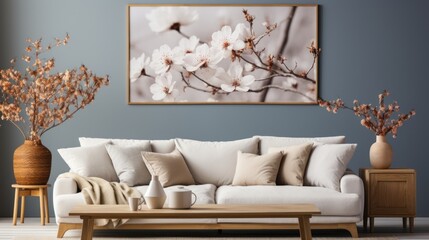 A modern interior design with a comfortable white couch, cherry blossoms in a vase, and a matching wall art