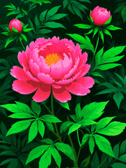 Peony flower in full bloom.  With a background of dark green foliage. This illustration may be of interest to the study of botany, connoisseurs of floristic art, or for use in design.