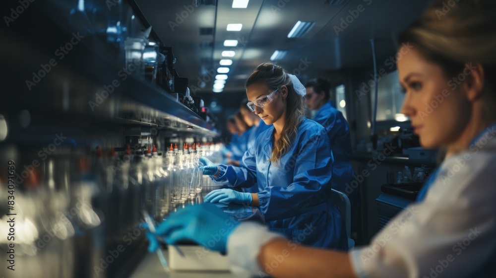 Poster two scientists with obscured faces work amidst vials and equipment in a high-tech laboratory setting