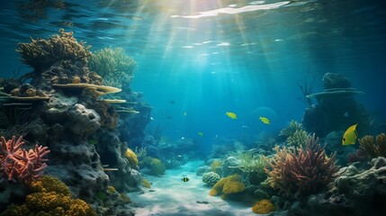 A Vibrant Coral Reef Scene with Tropical Fish and Sunlight Beams Underwater