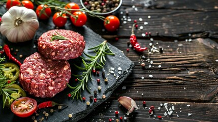 Fresh raw ground beef patties accompanied by rosemary, vegetables, and spices on a black stone plate.

