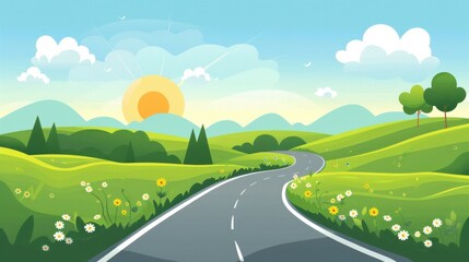 Obraz premium A vector illustration of a road leading through fields, hills, and trees under a cloudy sky.