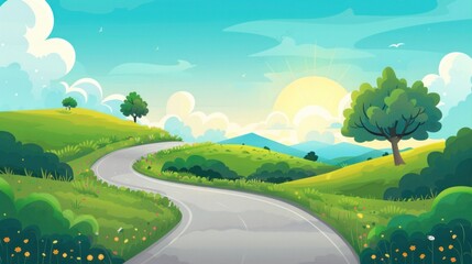 A vector illustration of a road leading through fields, hills, and trees under a cloudy sky.


