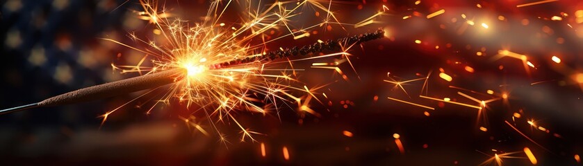 Close-up of a sparkler burning with the American flag in the background, creating a festive and patriotic atmosphere.