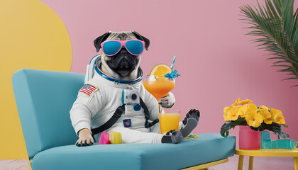 An adorable astronaut pug dog engrossed in reading by the seaside merges cute pet aesthetics and the joy of vacation in a charming card