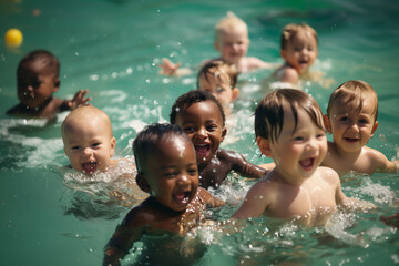 Toddlers of different ethnicities having a fun time in the pool splashing water and smiling brightly capturing the essence of childhood joy and carefree play on a warm sunny day